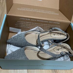 Life Stride Silver Glitter Pointed-Toe Slingback Flats